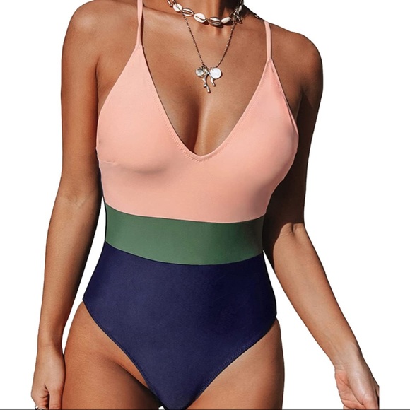 Cupshe Triple Color Block V-neck One Piece Swimsuit Cross Back Size Small - Picture 1 of 11